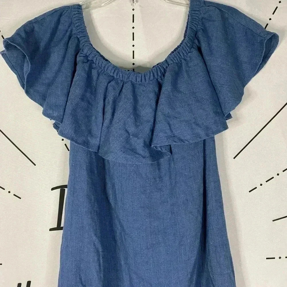 MADEWELL Rio Blue Ruffle Off Shoulder Linen Blend Dress - Picture 3 of 7